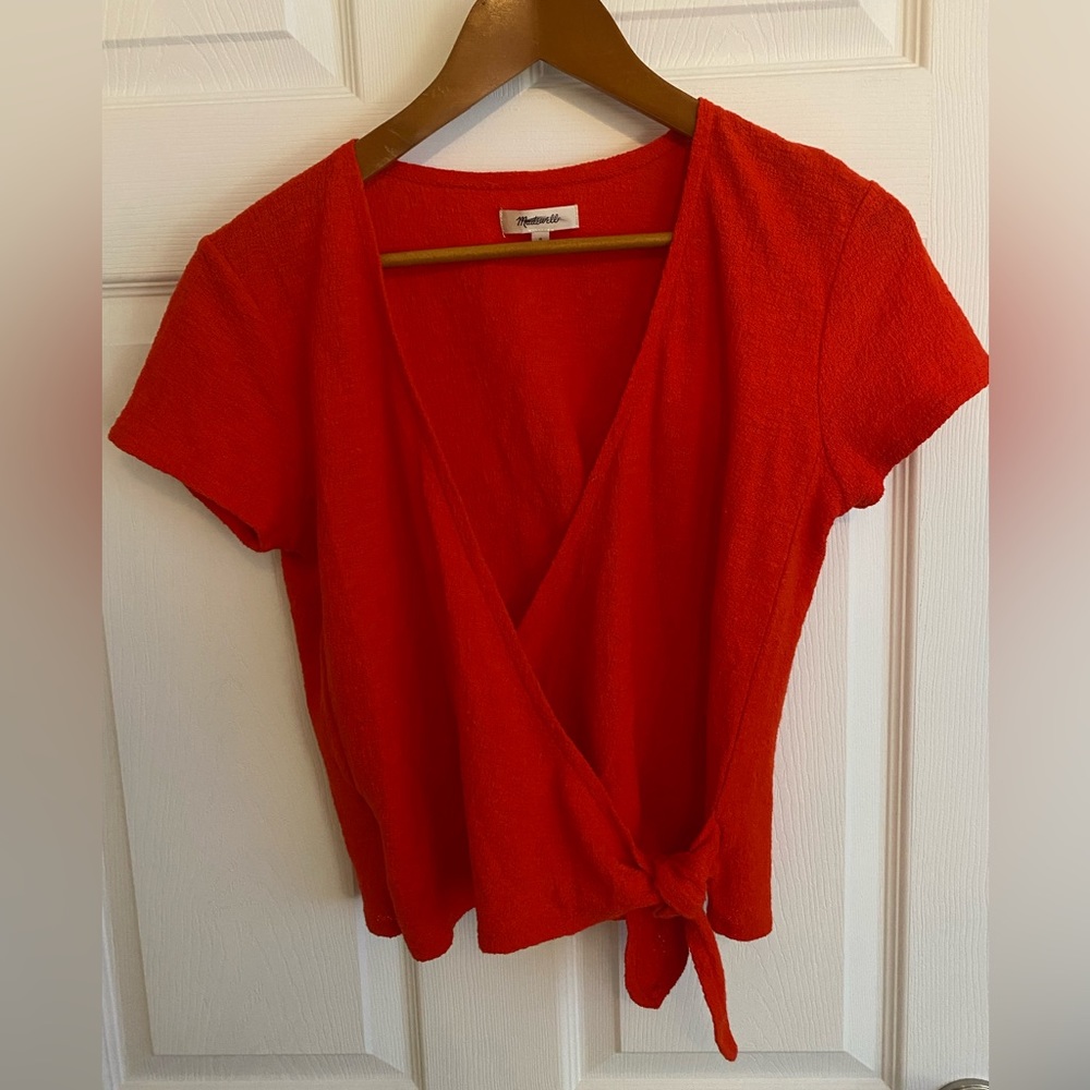 Madewell faux wrap top. Bright orange/red 100% cotton. Size S.